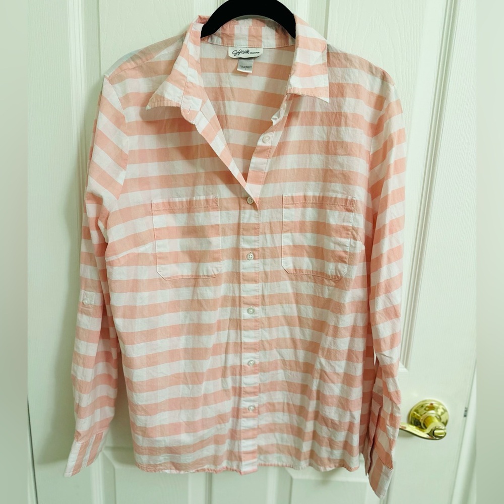 Peach & White Striped Cotton Button Down Shirt Large